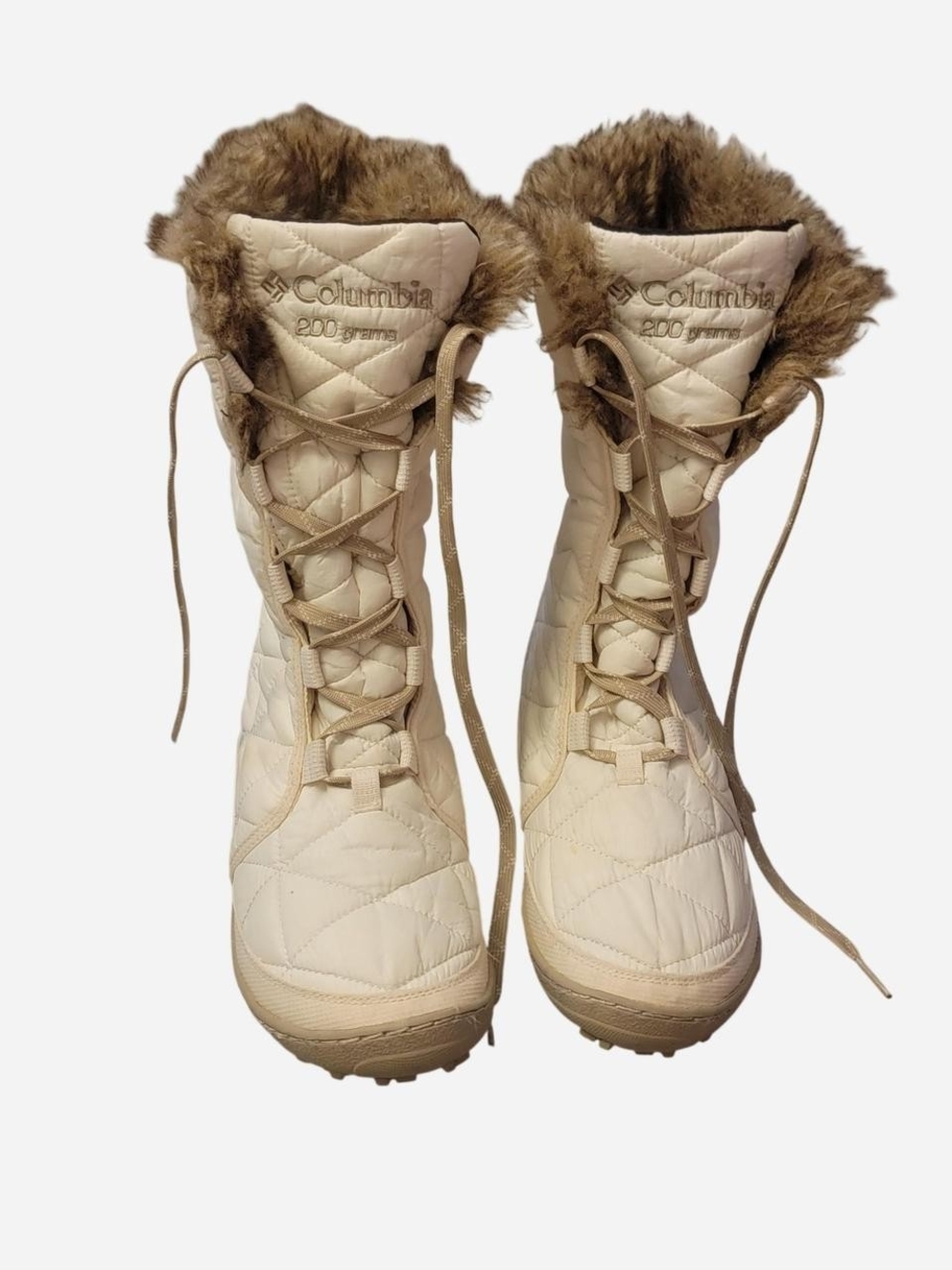 Columbia Cream Quilted Lace-Up Winter Boots with Faux Fur Trim